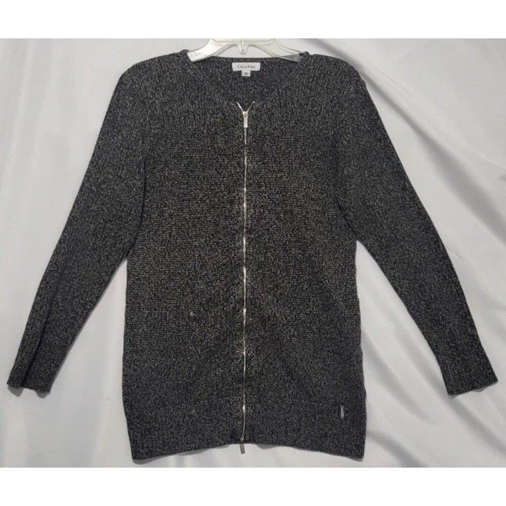 Calvin Klein Women’s M Marled Zip Front Sweater Cardigan Gray Black Cotton